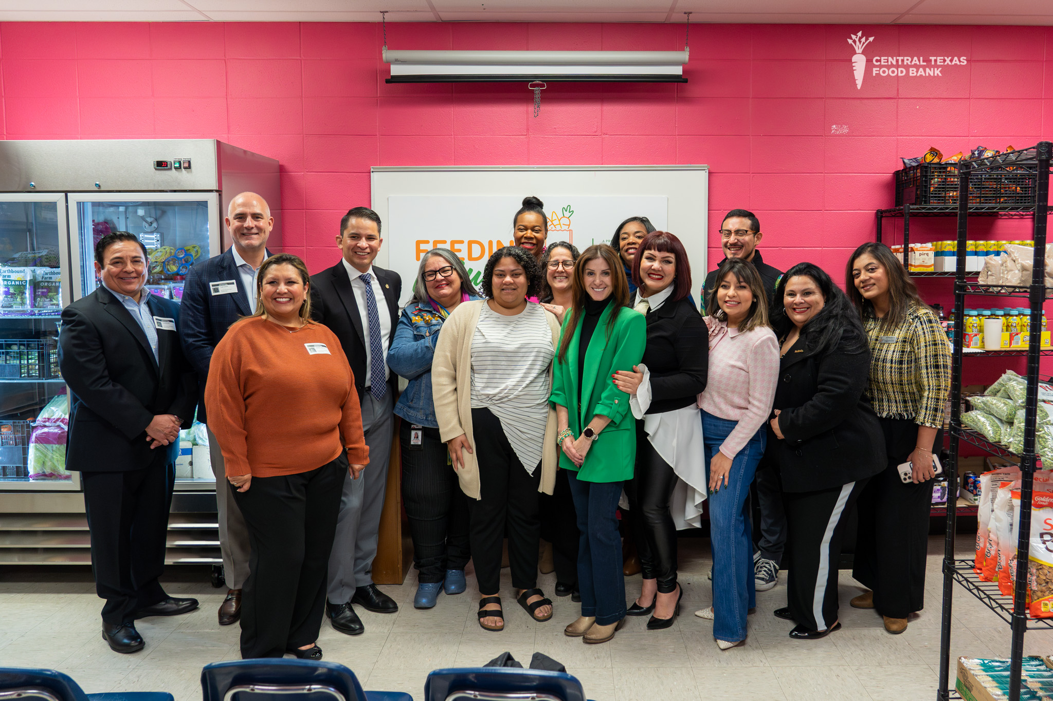 CTFB staff, AISD employees and elected officials at the school pantry opening at Galindo